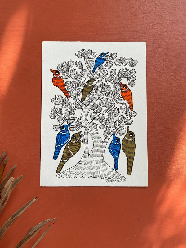 Multi coloured Gond wall painting of birds